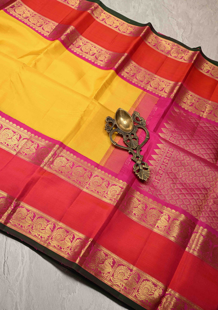 Sunflower Yellow Kanjivaram Pure Silk Saree with Contrast Rettaipet Zari Border | SILK MARK CERTIFIED