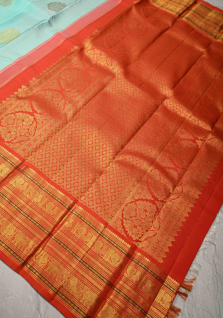 Lagoon Blue Korvai Kanjivaram Pure Silk Saree with Damask Motifs and Contrast Zari Border | SILK MARK CERTIFIED