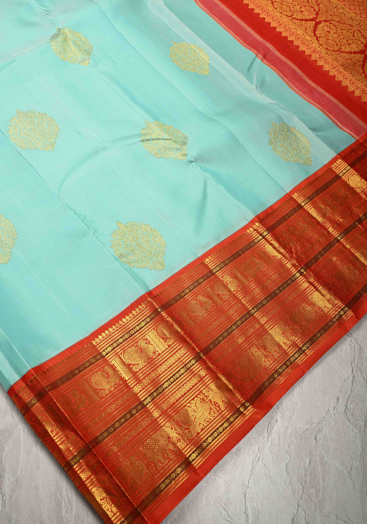 Lagoon Blue Korvai Kanjivaram Pure Silk Saree with Damask Motifs and Contrast Zari Border | SILK MARK CERTIFIED