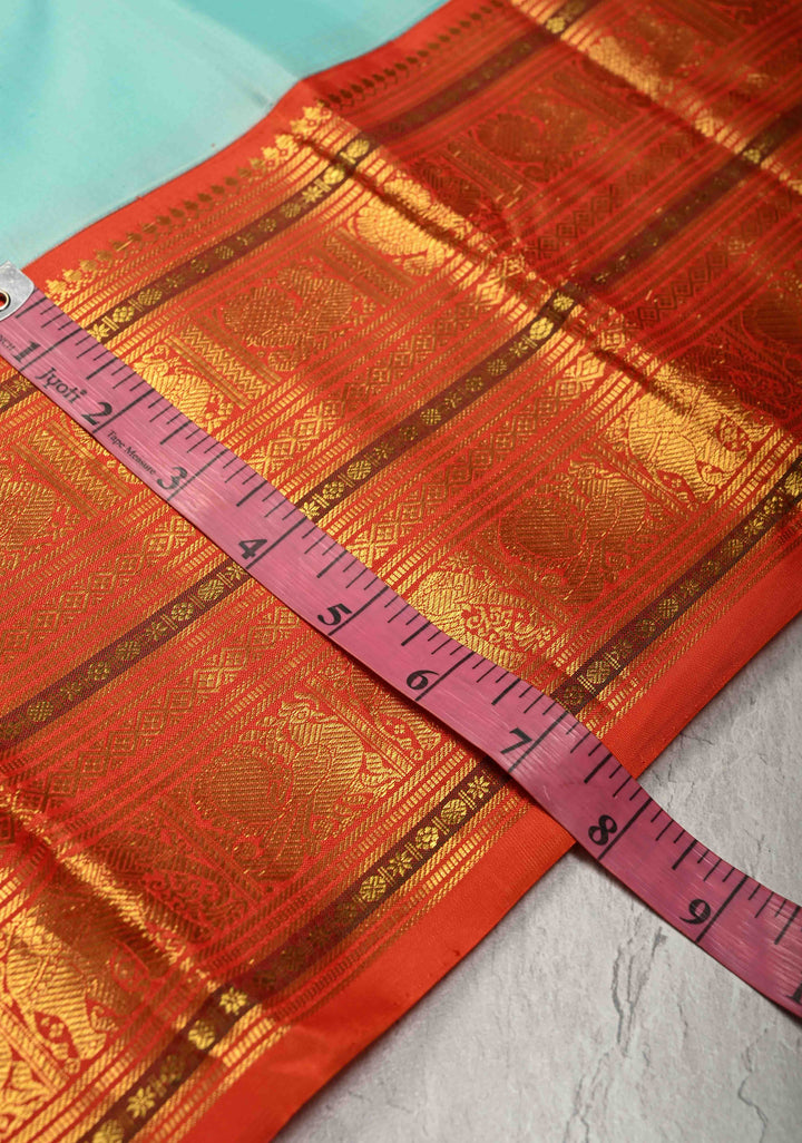 Lagoon Blue Korvai Kanjivaram Pure Silk Saree with Damask Motifs and Contrast Zari Border | SILK MARK CERTIFIED