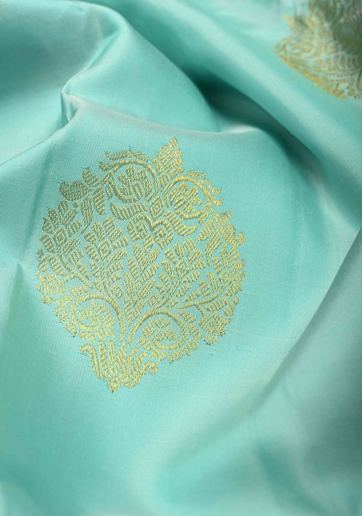 Lagoon Blue Korvai Kanjivaram Pure Silk Saree with Damask Motifs and Contrast Zari Border | SILK MARK CERTIFIED