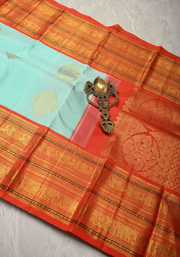Lagoon Blue Korvai Kanjivaram Pure Silk Saree with Damask Motifs and Contrast Zari Border | SILK MARK CERTIFIED