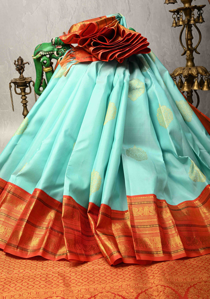 Lagoon Blue Korvai Kanjivaram Pure Silk Saree with Damask Motifs and Contrast Zari Border | SILK MARK CERTIFIED