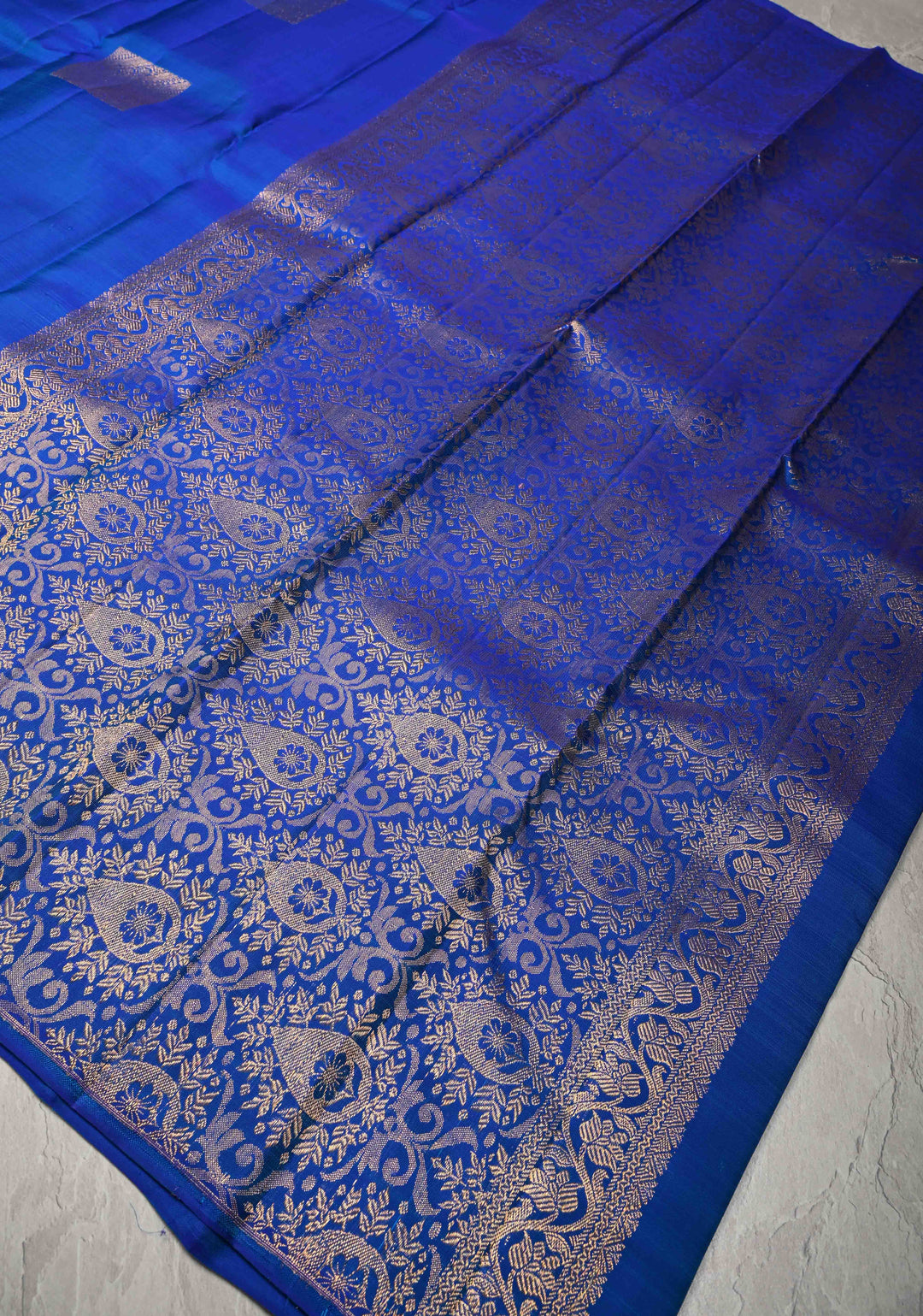 Cobalt Blue Borderless Pure Kanjivaram Silk Saree with Gold-Silver Geometric Motifs  | SILK MARK CERTIFIED