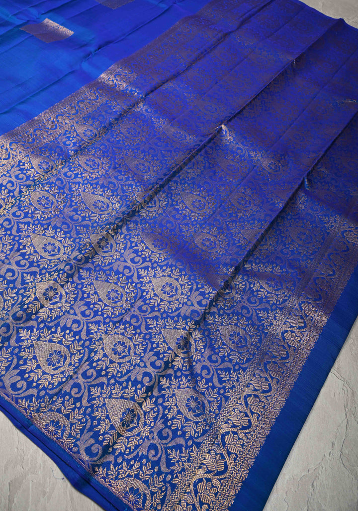 Cobalt Blue Borderless Pure Kanjivaram Silk Saree with Gold-Silver Geometric Motifs  | SILK MARK CERTIFIED
