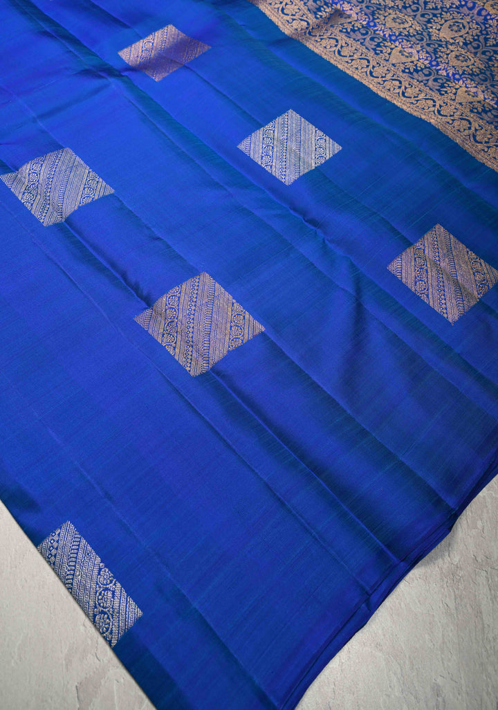 Cobalt Blue Borderless Pure Kanjivaram Silk Saree with Gold-Silver Geometric Motifs  | SILK MARK CERTIFIED