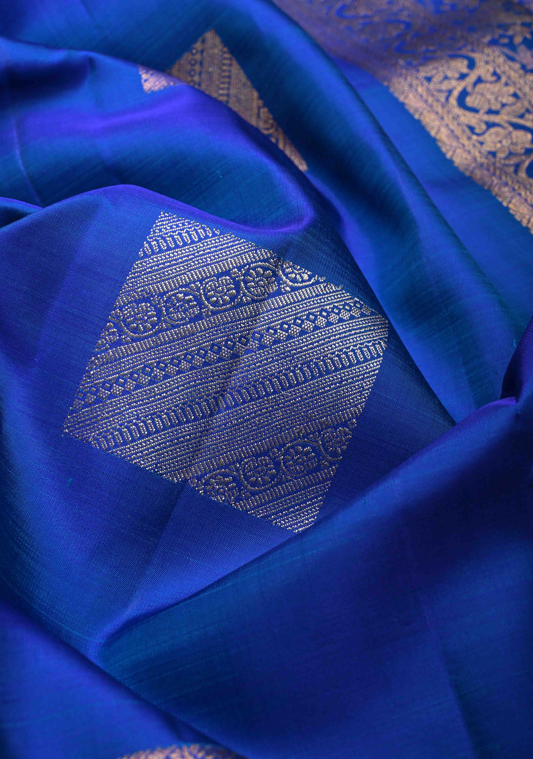 Cobalt Blue Borderless Pure Kanjivaram Silk Saree with Gold-Silver Geometric Motifs  | SILK MARK CERTIFIED