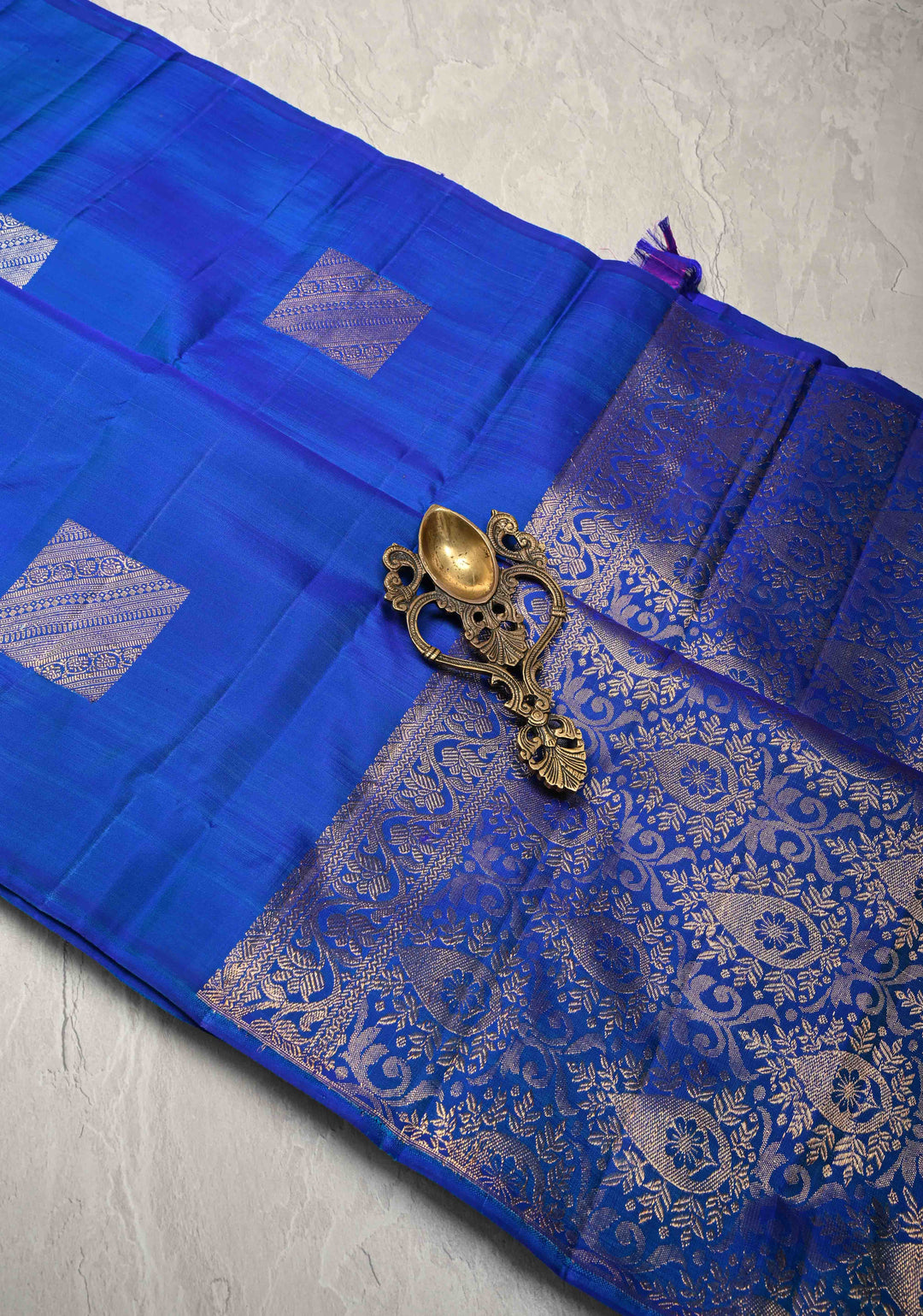 Cobalt Blue Borderless Pure Kanjivaram Silk Saree with Gold-Silver Geometric Motifs  | SILK MARK CERTIFIED