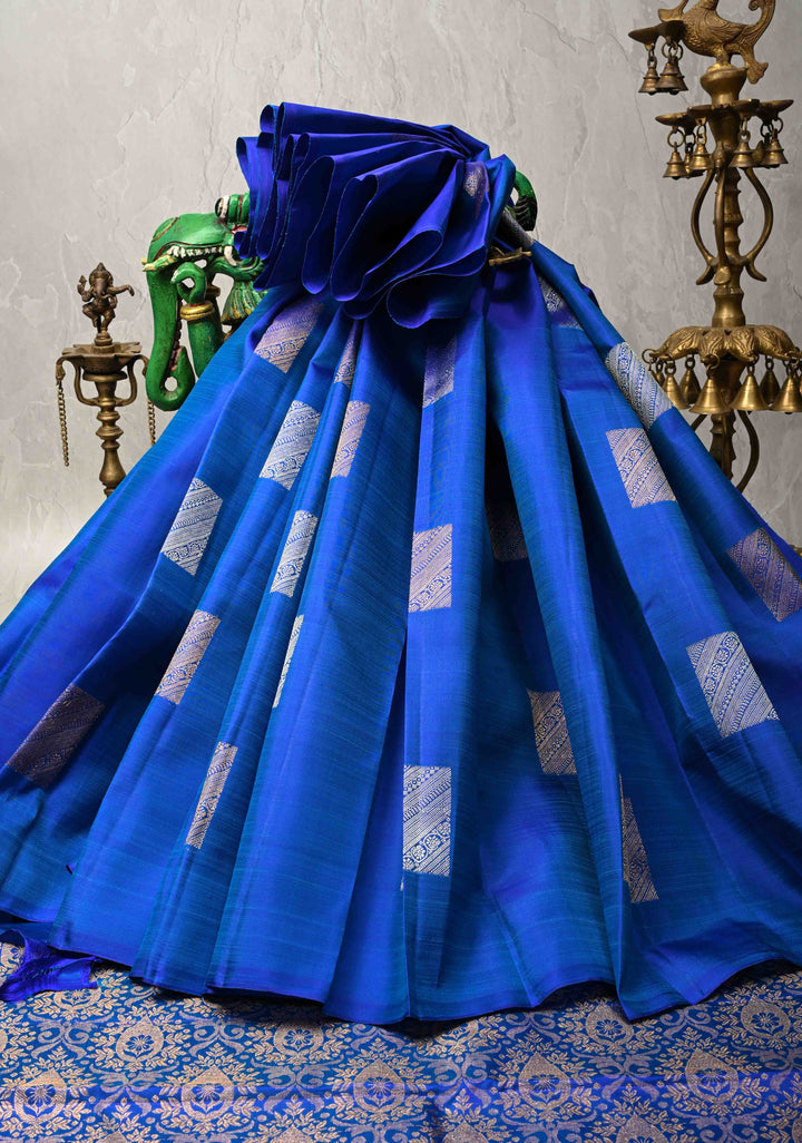 Cobalt Blue Borderless Pure Kanjivaram Silk Saree with Gold-Silver Geometric Motifs  | SILK MARK CERTIFIED