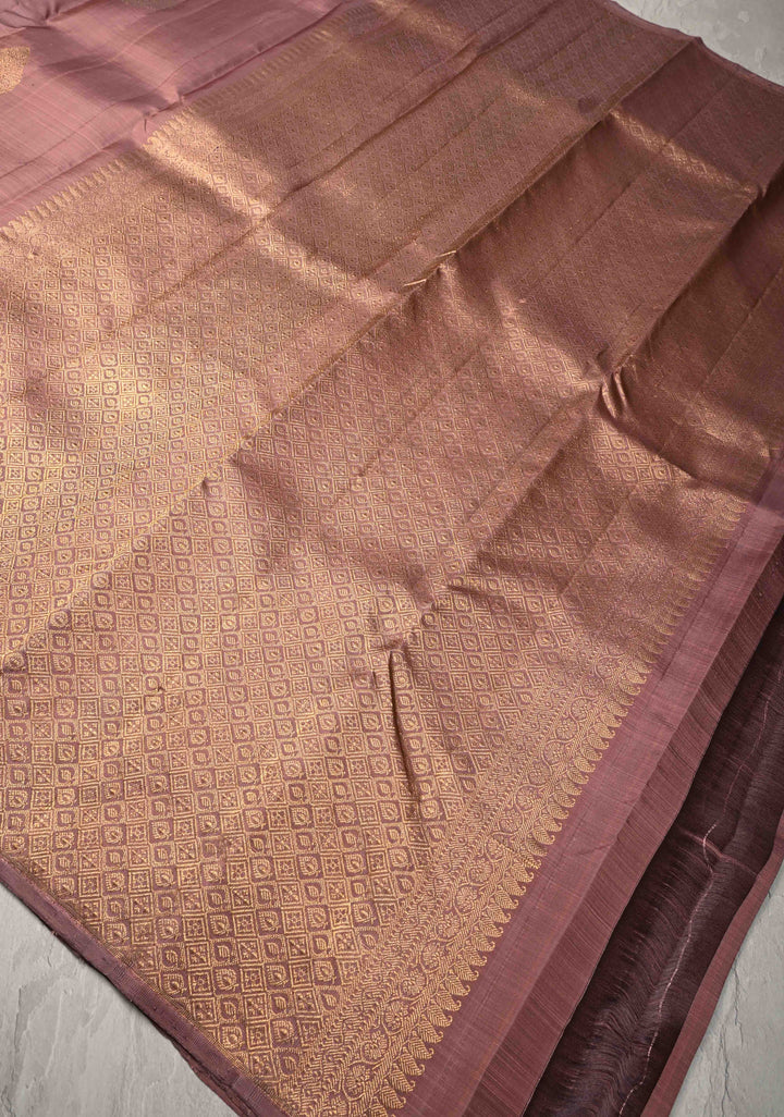 Pre-Order Dusty Mauve Borderless Pure Kanjivaram Silk Saree with Gold-Silver Zari Motifs  | SILK MARK CERTIFIED