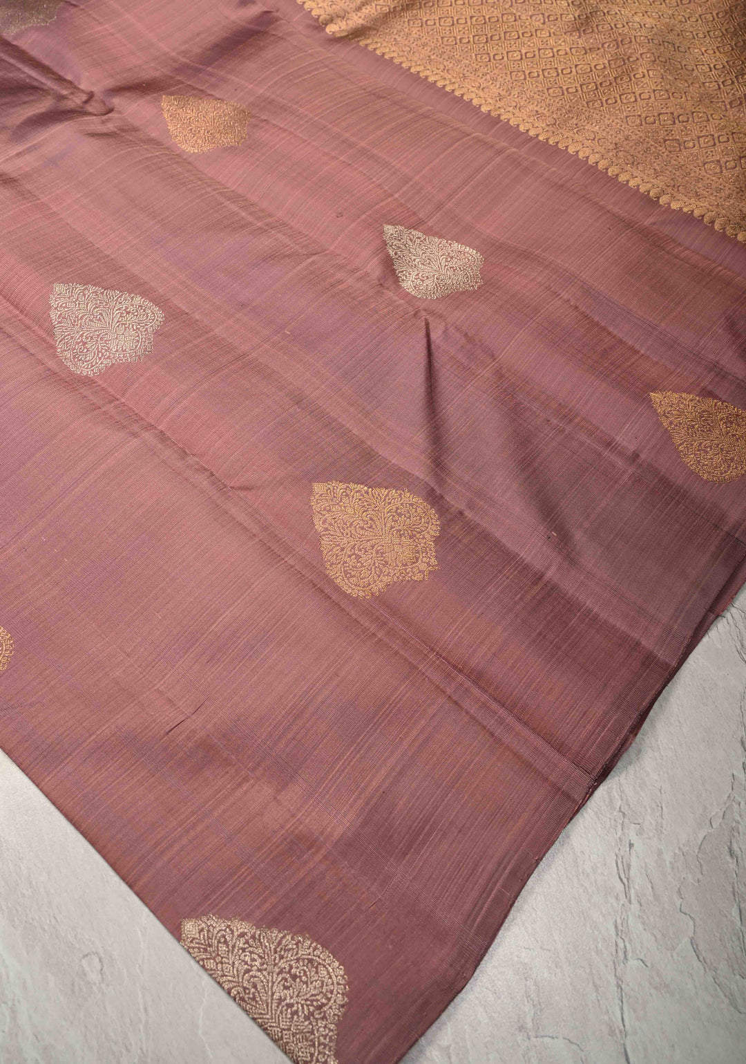 Pre-Order Dusty Mauve Borderless Pure Kanjivaram Silk Saree with Gold-Silver Zari Motifs  | SILK MARK CERTIFIED