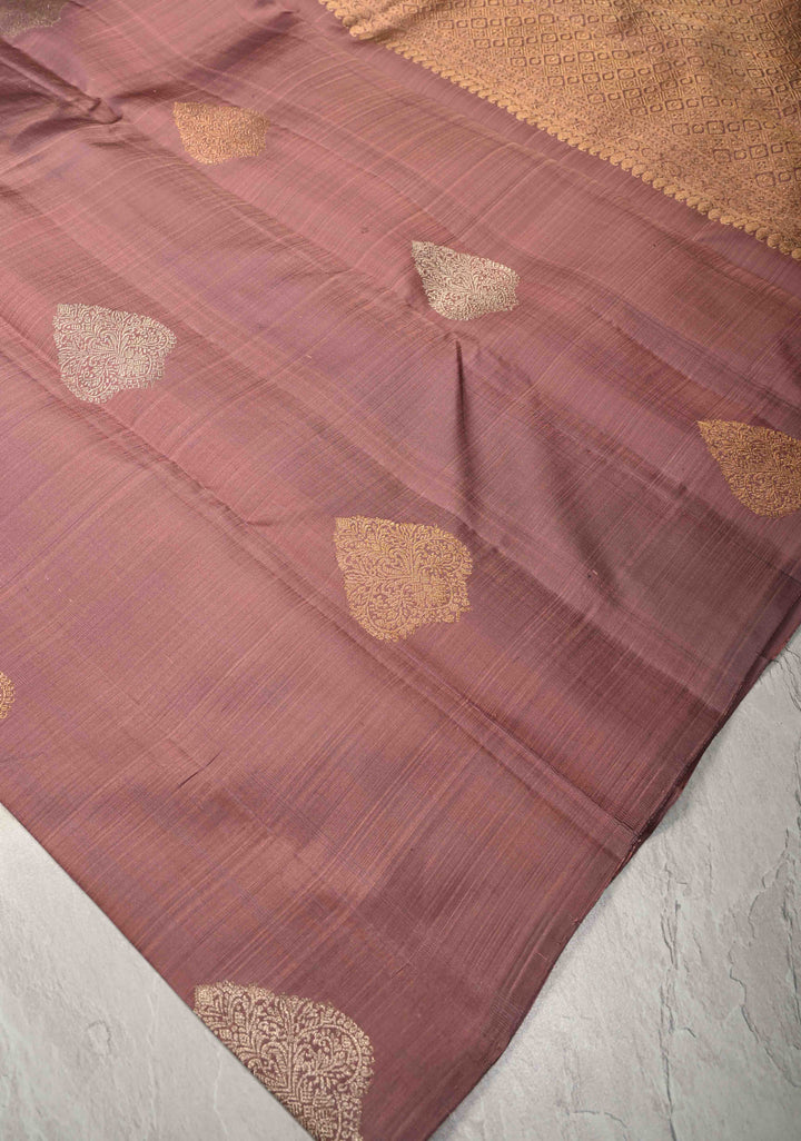 Pre-Order Dusty Mauve Borderless Pure Kanjivaram Silk Saree with Gold-Silver Zari Motifs  | SILK MARK CERTIFIED