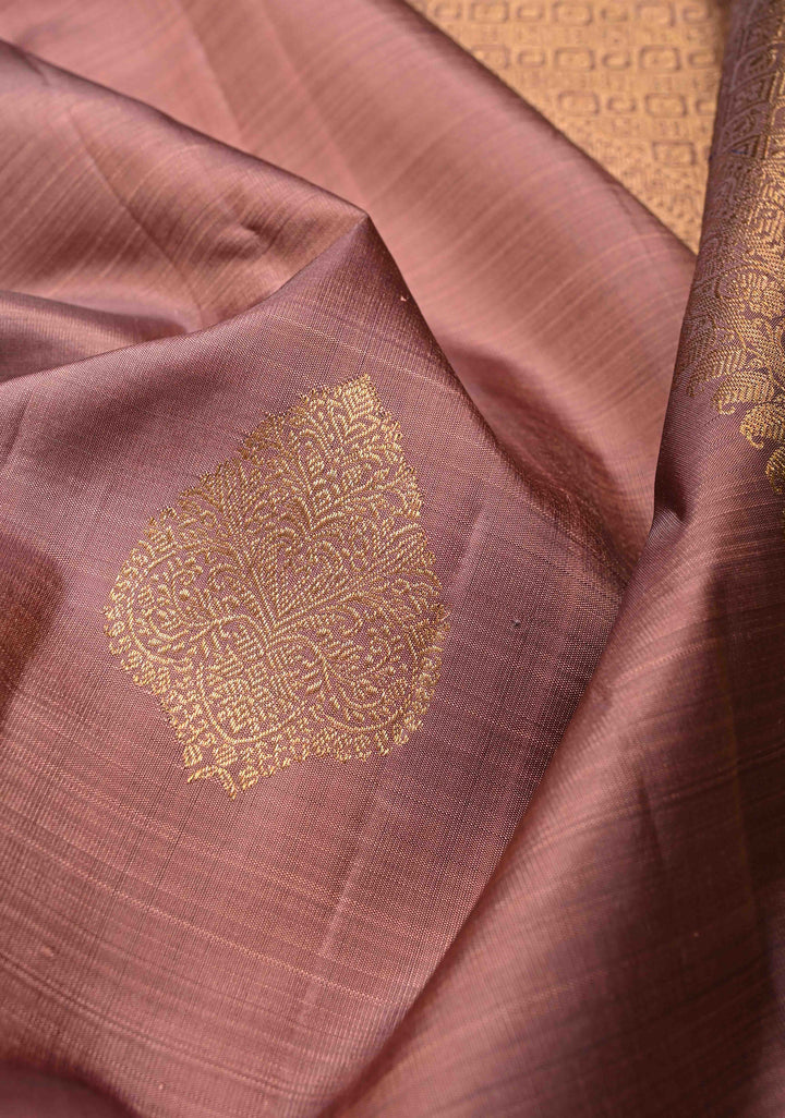 Pre-Order Dusty Mauve Borderless Pure Kanjivaram Silk Saree with Gold-Silver Zari Motifs  | SILK MARK CERTIFIED