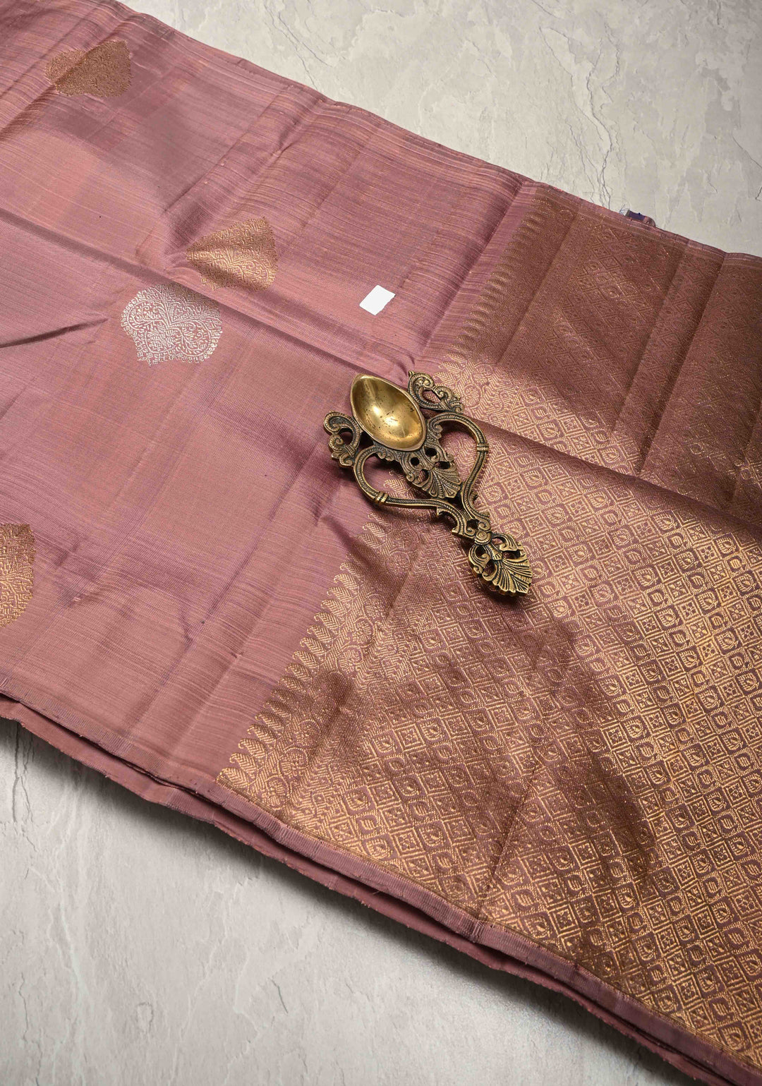 Pre-Order Dusty Mauve Borderless Pure Kanjivaram Silk Saree with Gold-Silver Zari Motifs  | SILK MARK CERTIFIED
