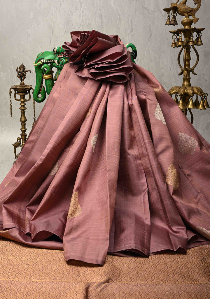 Pre-Order Dusty Mauve Borderless Pure Kanjivaram Silk Saree with Gold-Silver Zari Motifs  | SILK MARK CERTIFIED