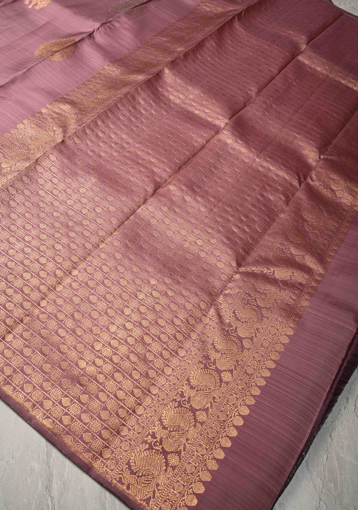 Dusty Amethyst Borderless Pure Kanjivaram Silk Saree with Gold-Silver Life of Tree Motifs  | SILK MARK CERTIFIED
