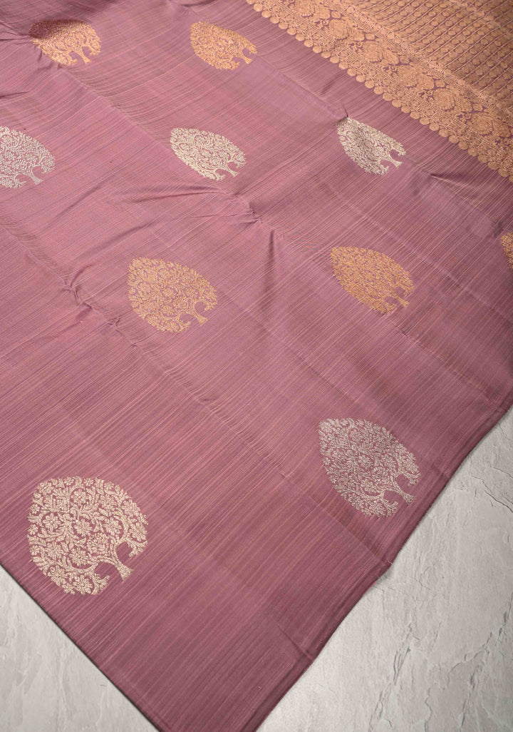 Dusty Amethyst Borderless Pure Kanjivaram Silk Saree with Gold-Silver Life of Tree Motifs  | SILK MARK CERTIFIED