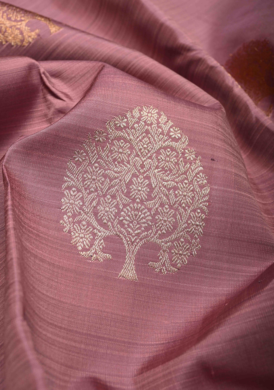 Dusty Amethyst Borderless Pure Kanjivaram Silk Saree with Gold-Silver Life of Tree Motifs  | SILK MARK CERTIFIED