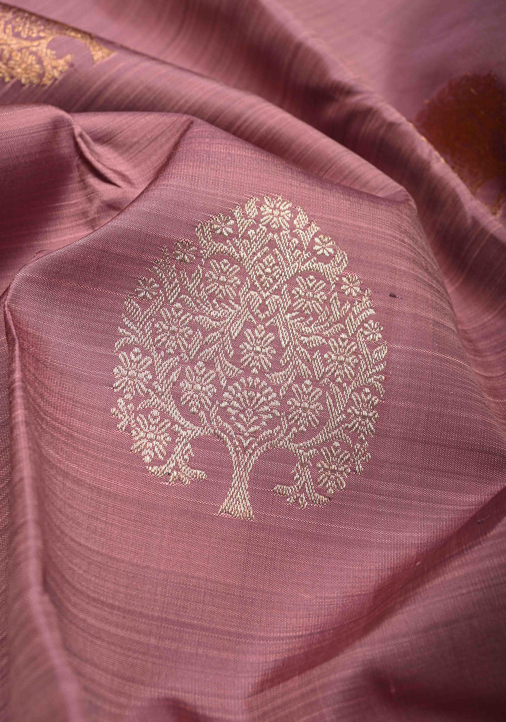 Dusty Amethyst Borderless Pure Kanjivaram Silk Saree with Gold-Silver Life of Tree Motifs  | SILK MARK CERTIFIED