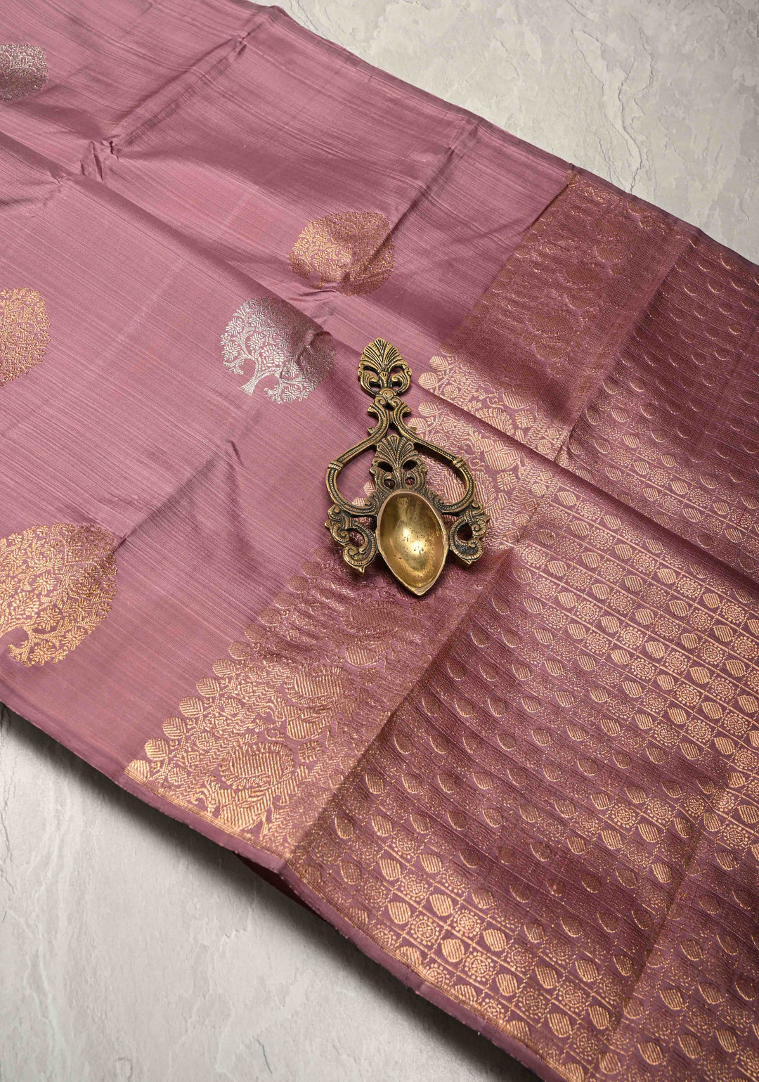 Dusty Amethyst Borderless Pure Kanjivaram Silk Saree with Gold-Silver Life of Tree Motifs  | SILK MARK CERTIFIED