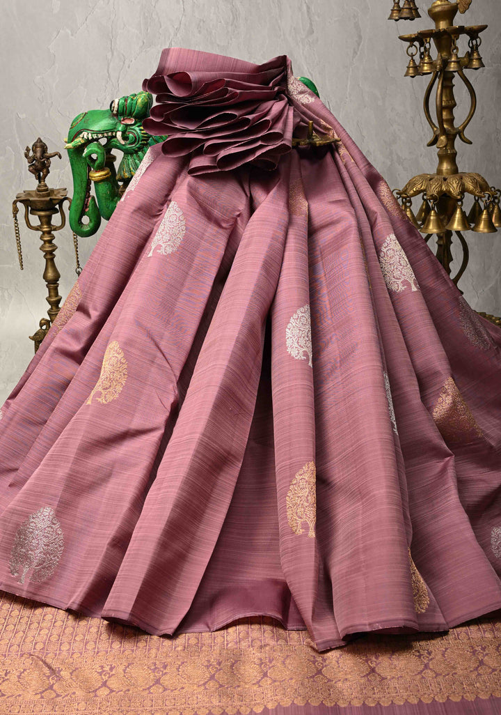 Dusty Amethyst Borderless Pure Kanjivaram Silk Saree with Gold-Silver Life of Tree Motifs  | SILK MARK CERTIFIED