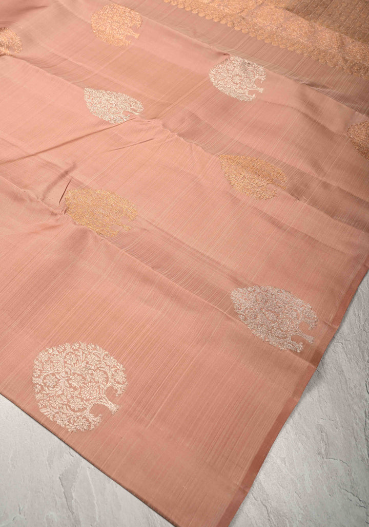 Sandstone Borderless Pure Kanjivaram Silk Saree with Gold-Silver Life of Tree Motifs  | SILK MARK CERTIFIED