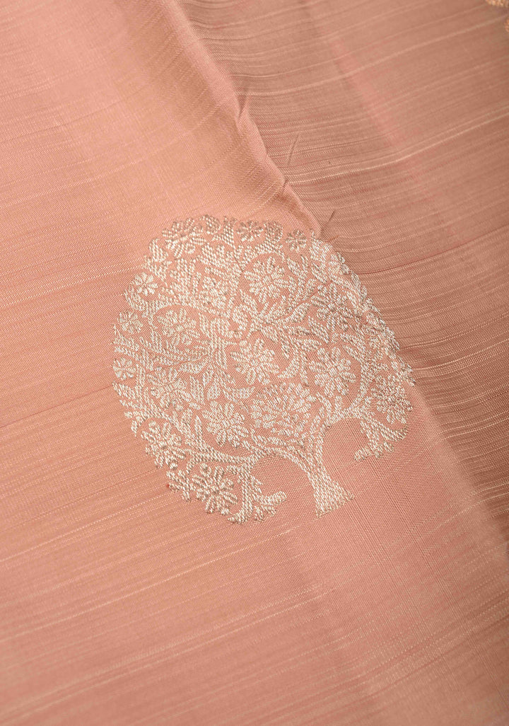 Sandstone Borderless Pure Kanjivaram Silk Saree with Gold-Silver Life of Tree Motifs  | SILK MARK CERTIFIED