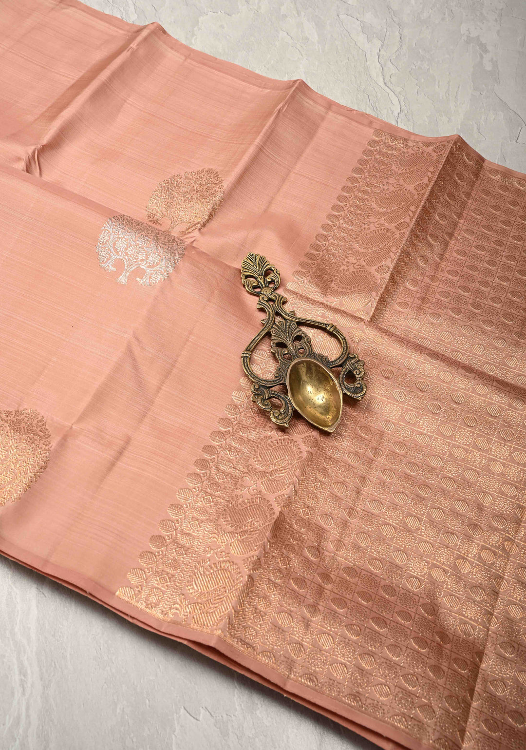 Sandstone Borderless Pure Kanjivaram Silk Saree with Gold-Silver Life of Tree Motifs  | SILK MARK CERTIFIED