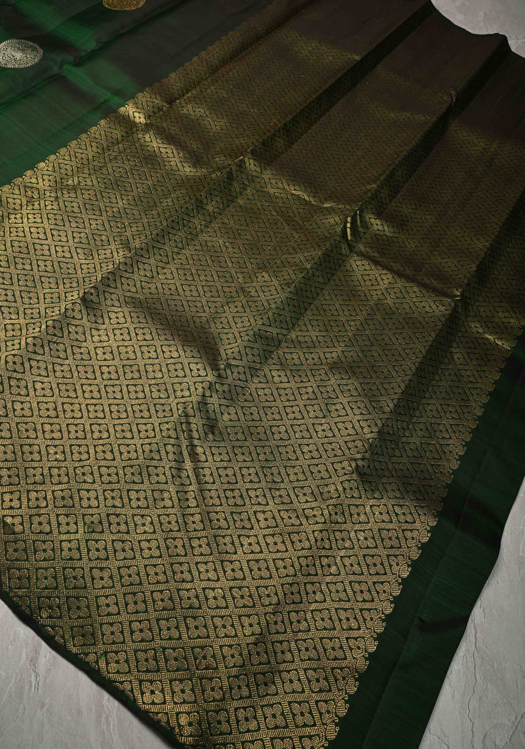 Bottle Green Borderless Pure Kanjivaram Silk Saree with Gold-Silver Deer Buttas  | SILK MARK CERTIFIED