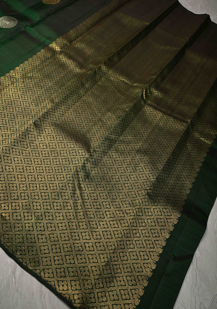 Bottle Green Borderless Pure Kanjivaram Silk Saree with Gold-Silver Deer Buttas  | SILK MARK CERTIFIED