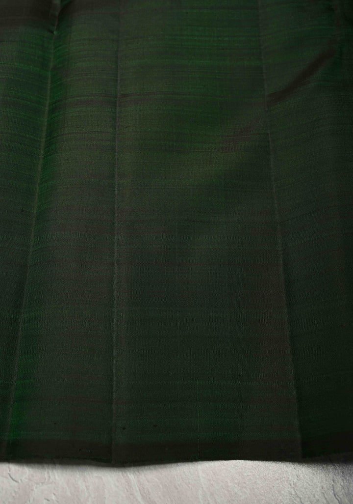 Bottle Green Borderless Pure Kanjivaram Silk Saree with Gold-Silver Deer Buttas  | SILK MARK CERTIFIED