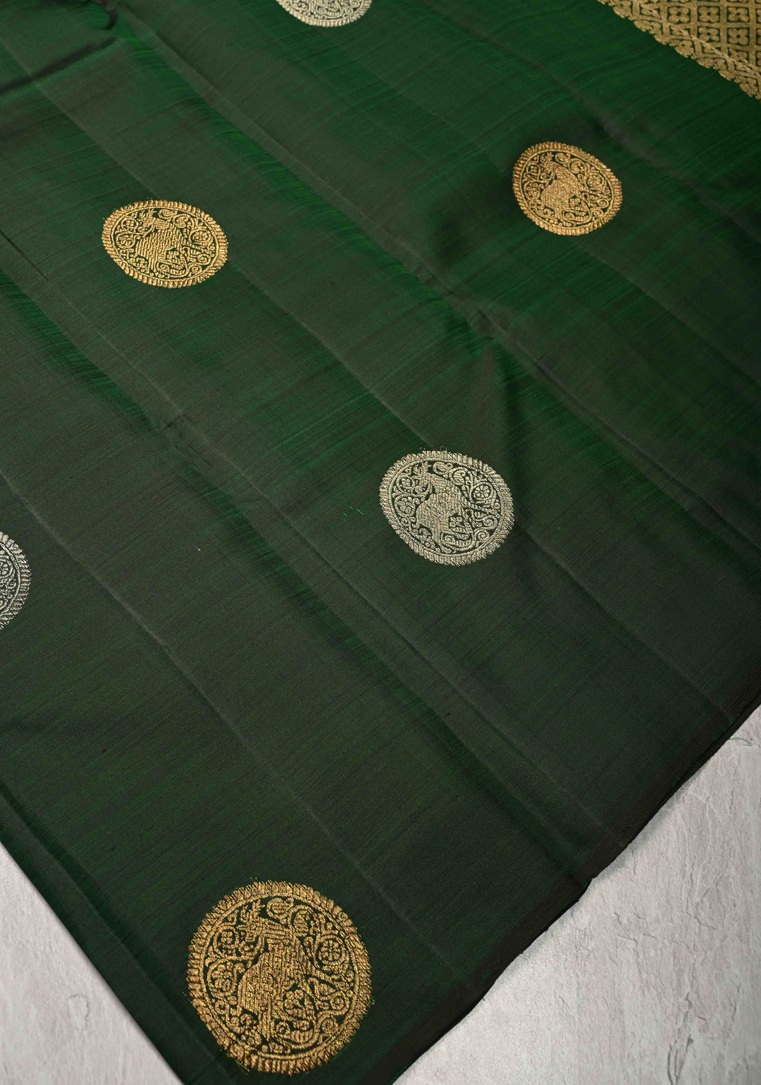Bottle Green Borderless Pure Kanjivaram Silk Saree with Gold-Silver Deer Buttas  | SILK MARK CERTIFIED