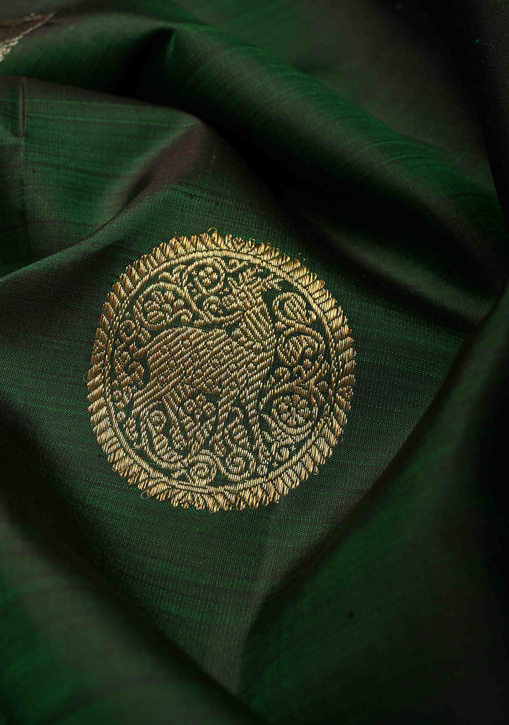 Bottle Green Borderless Pure Kanjivaram Silk Saree with Gold-Silver Deer Buttas  | SILK MARK CERTIFIED