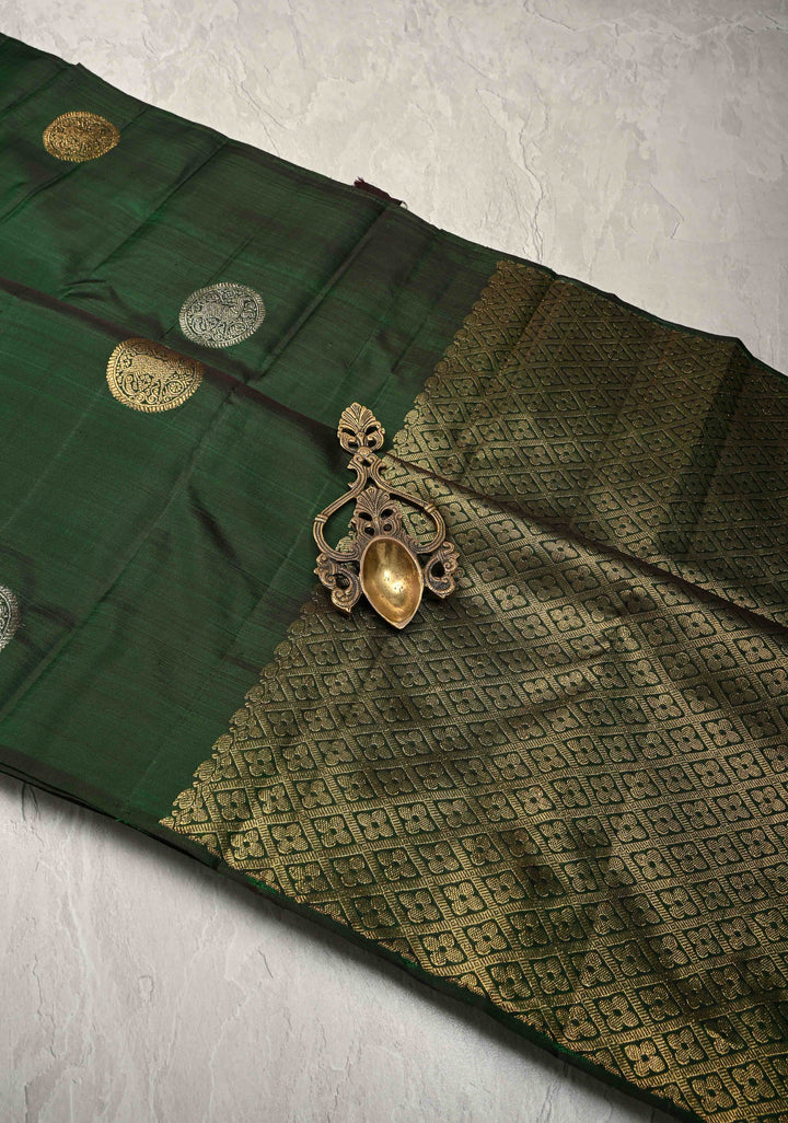 Bottle Green Borderless Pure Kanjivaram Silk Saree with Gold-Silver Deer Buttas  | SILK MARK CERTIFIED