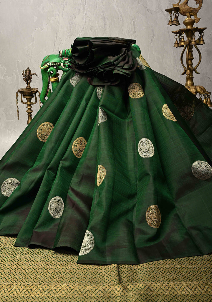 Bottle Green Borderless Pure Kanjivaram Silk Saree with Gold-Silver Deer Buttas  | SILK MARK CERTIFIED