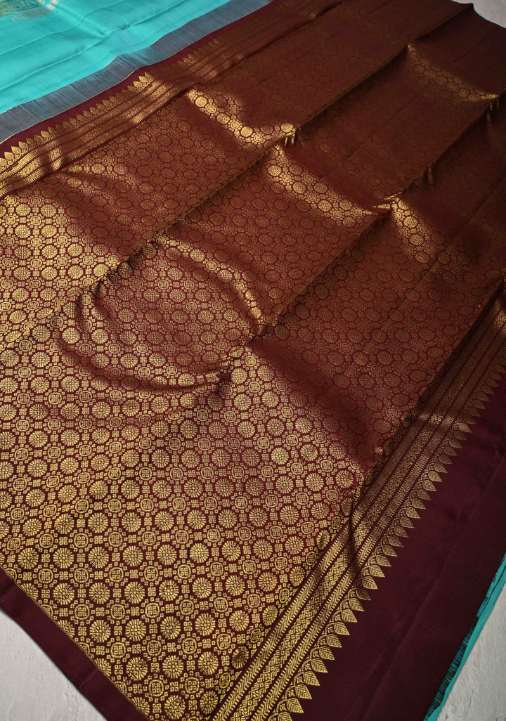 Sona Rupa Paisleys on Cyan Borderless Pure Kanjivaram Silk Saree with Contrast Pallu  | SILK MARK CERTIFIED