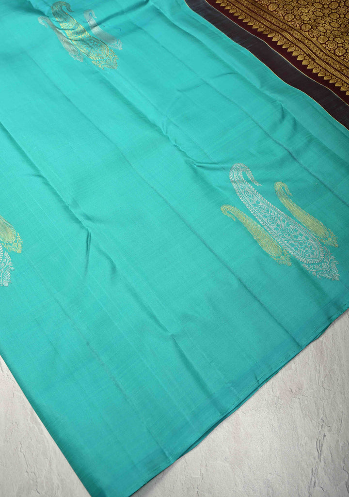 Sona Rupa Paisleys on Cyan Borderless Pure Kanjivaram Silk Saree with Contrast Pallu  | SILK MARK CERTIFIED