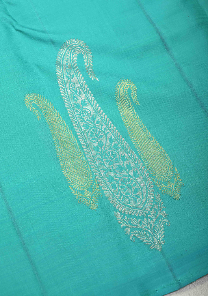 Sona Rupa Paisleys on Cyan Borderless Pure Kanjivaram Silk Saree with Contrast Pallu  | SILK MARK CERTIFIED