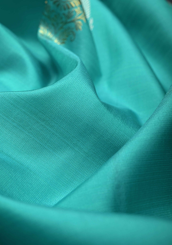 Sona Rupa Paisleys on Cyan Borderless Pure Kanjivaram Silk Saree with Contrast Pallu  | SILK MARK CERTIFIED