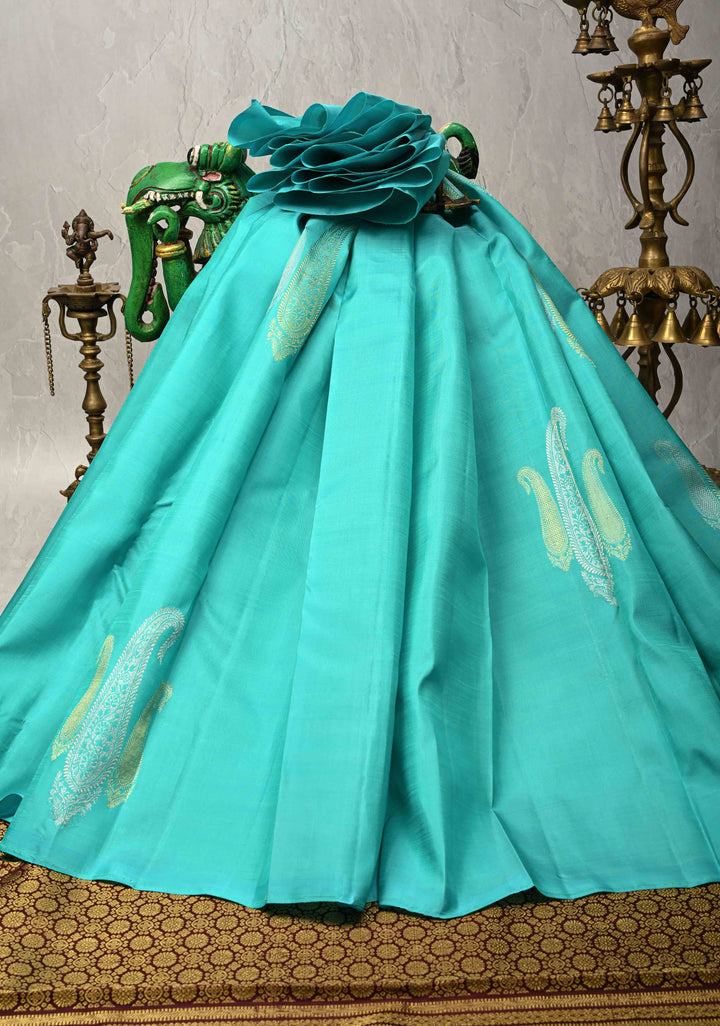 Sona Rupa Paisleys on Cyan Borderless Pure Kanjivaram Silk Saree with Contrast Pallu  | SILK MARK CERTIFIED