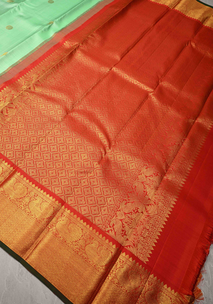 Light Pista Green Korvai Weave Kanjivaram Pure Silk Saree with Zari Buttas and Contrast Zari Border | SILK MARK CERTIFIED