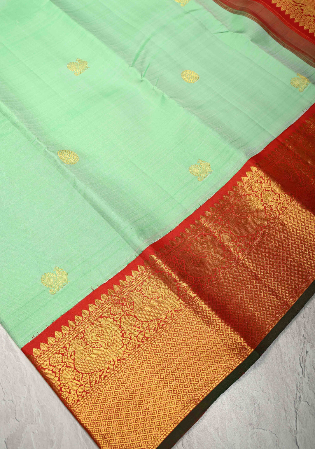 Light Pista Green Korvai Weave Kanjivaram Pure Silk Saree with Zari Buttas and Contrast Zari Border | SILK MARK CERTIFIED