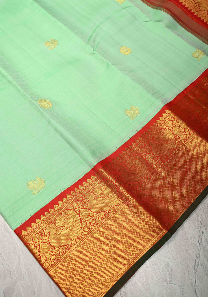 Light Pista Green Korvai Weave Kanjivaram Pure Silk Saree with Zari Buttas and Contrast Zari Border | SILK MARK CERTIFIED