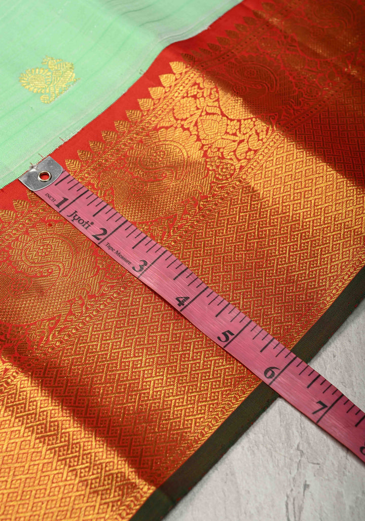 Light Pista Green Korvai Weave Kanjivaram Pure Silk Saree with Zari Buttas and Contrast Zari Border | SILK MARK CERTIFIED