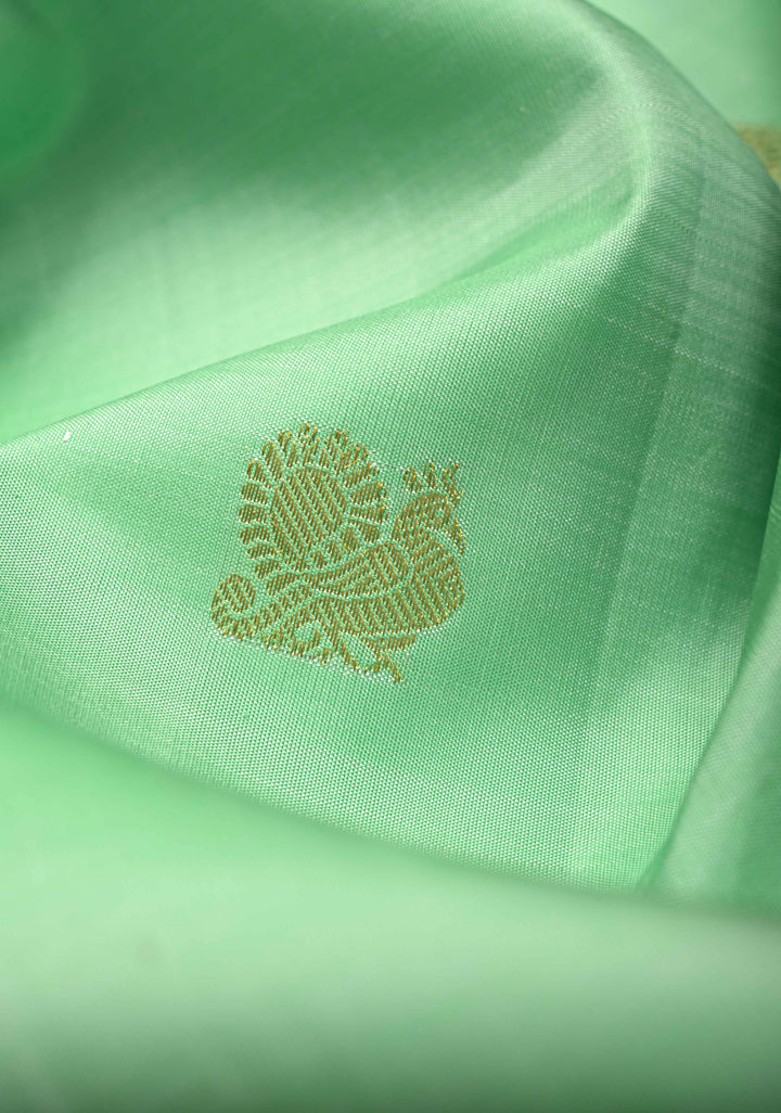 Light Pista Green Korvai Weave Kanjivaram Pure Silk Saree with Zari Buttas and Contrast Zari Border | SILK MARK CERTIFIED