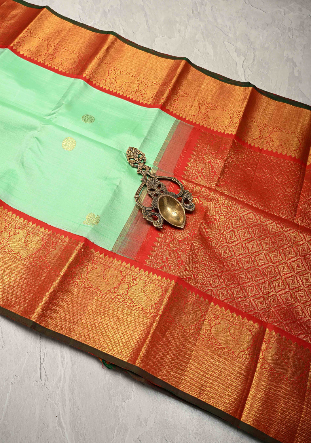 Light Pista Green Korvai Weave Kanjivaram Pure Silk Saree with Zari Buttas and Contrast Zari Border | SILK MARK CERTIFIED