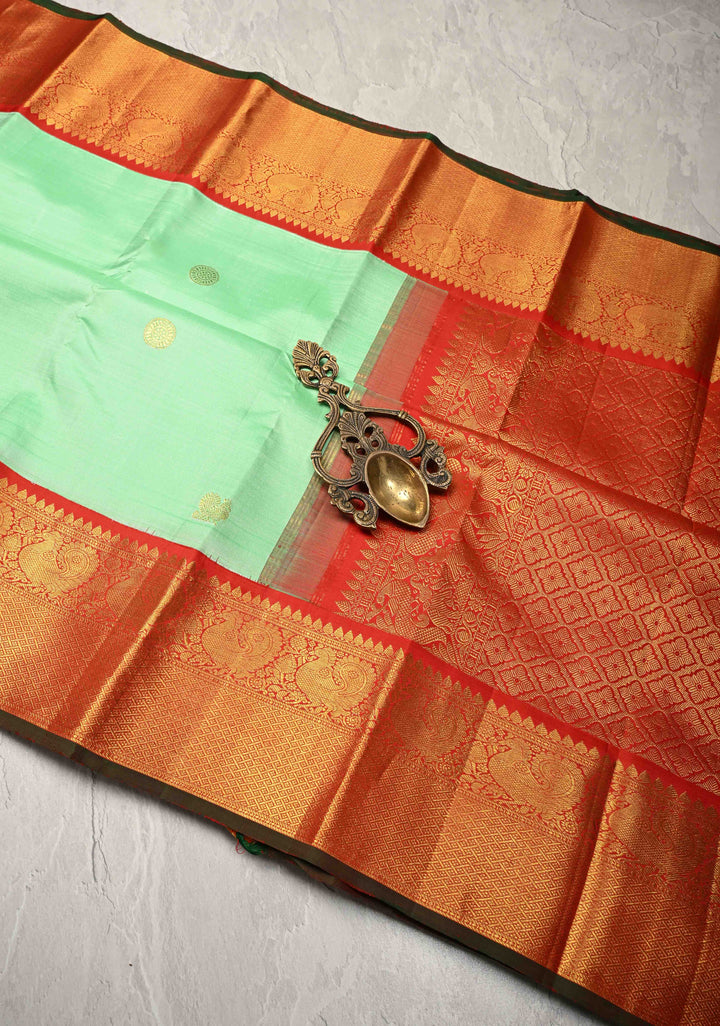 Light Pista Green Korvai Weave Kanjivaram Pure Silk Saree with Zari Buttas and Contrast Zari Border | SILK MARK CERTIFIED