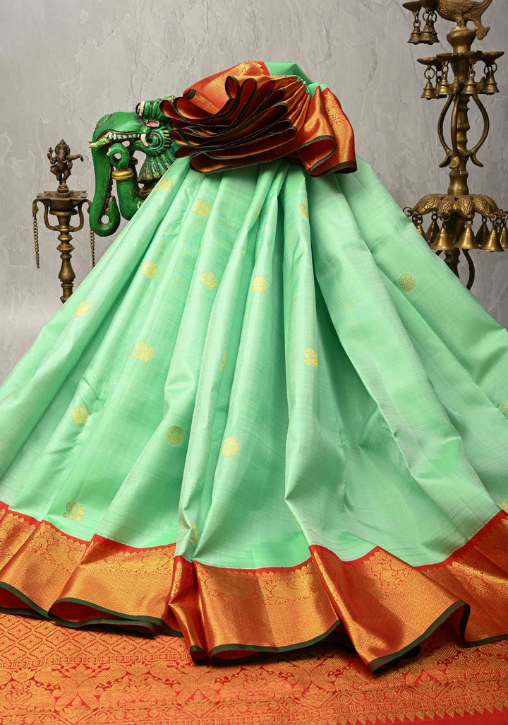 Light Pista Green Korvai Weave Kanjivaram Pure Silk Saree with Zari Buttas and Contrast Zari Border | SILK MARK CERTIFIED