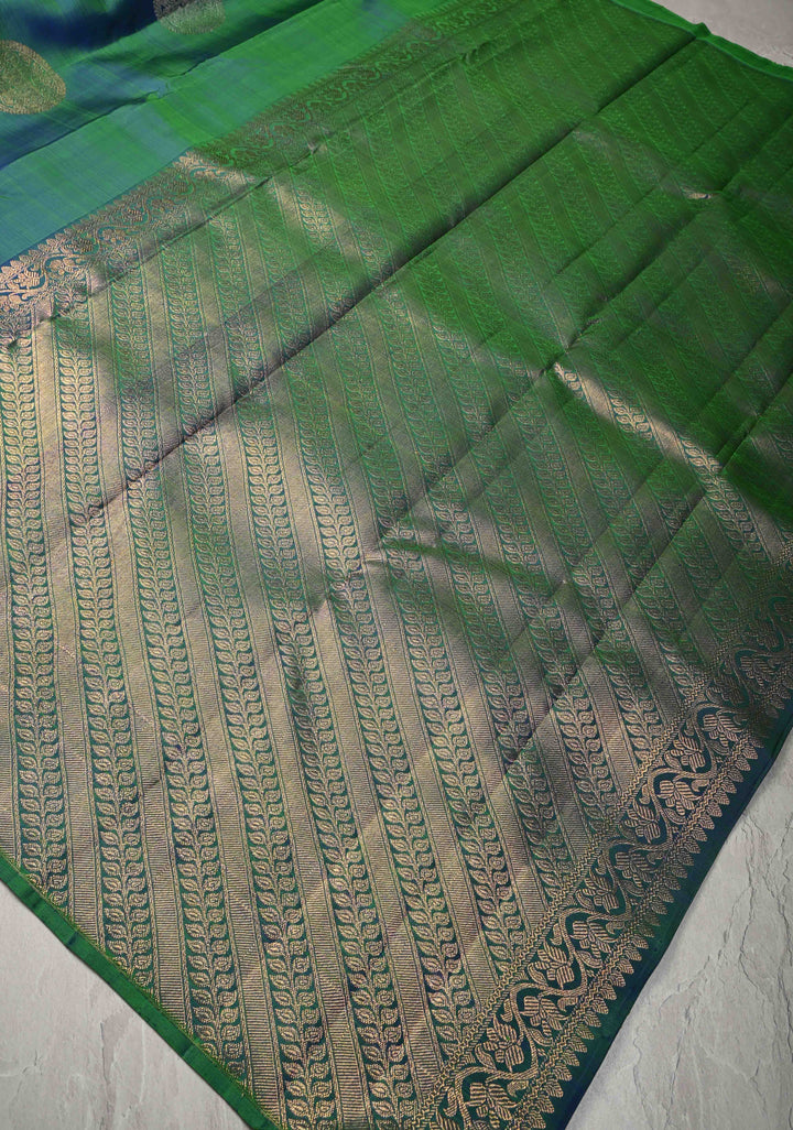 Peacock Green Dual tone Borderless Pure Kanjivaram Silk Saree with Gold-Silver Deer Motifs  | SILK MARK CERTIFIED