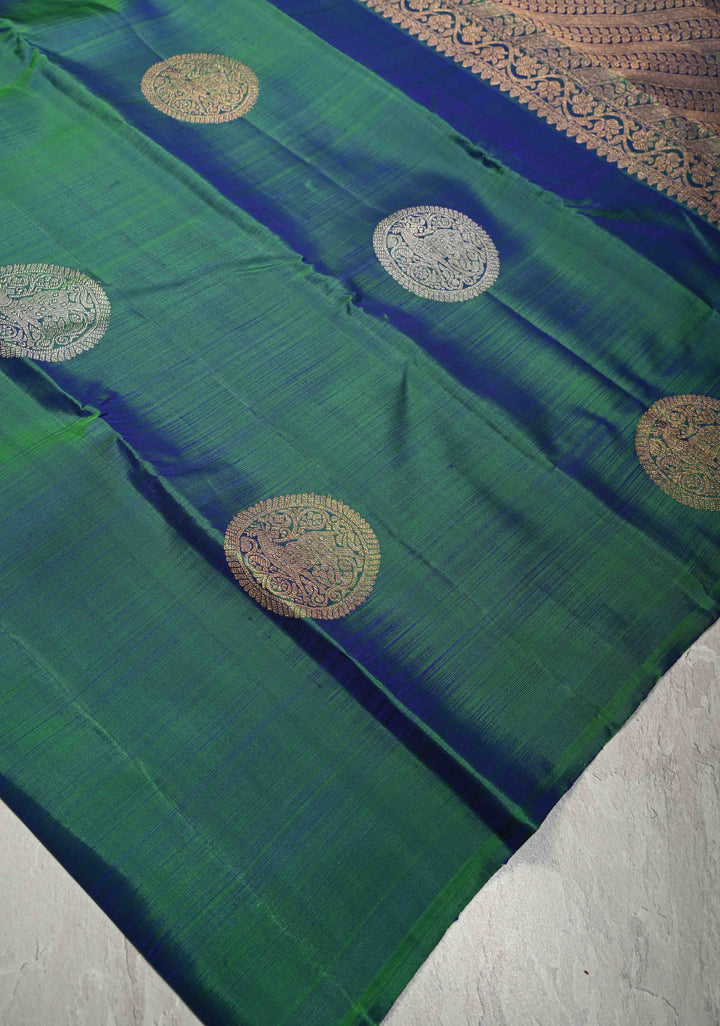 Peacock Green Dual tone Borderless Pure Kanjivaram Silk Saree with Gold-Silver Deer Motifs  | SILK MARK CERTIFIED
